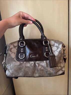 Coach Beige Signature Satchel with Dark Brown Leather